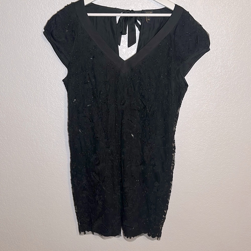 PAUW Silk Blend Beaded Cocktail Dress Scalloped  Trim Tie Back Size 4